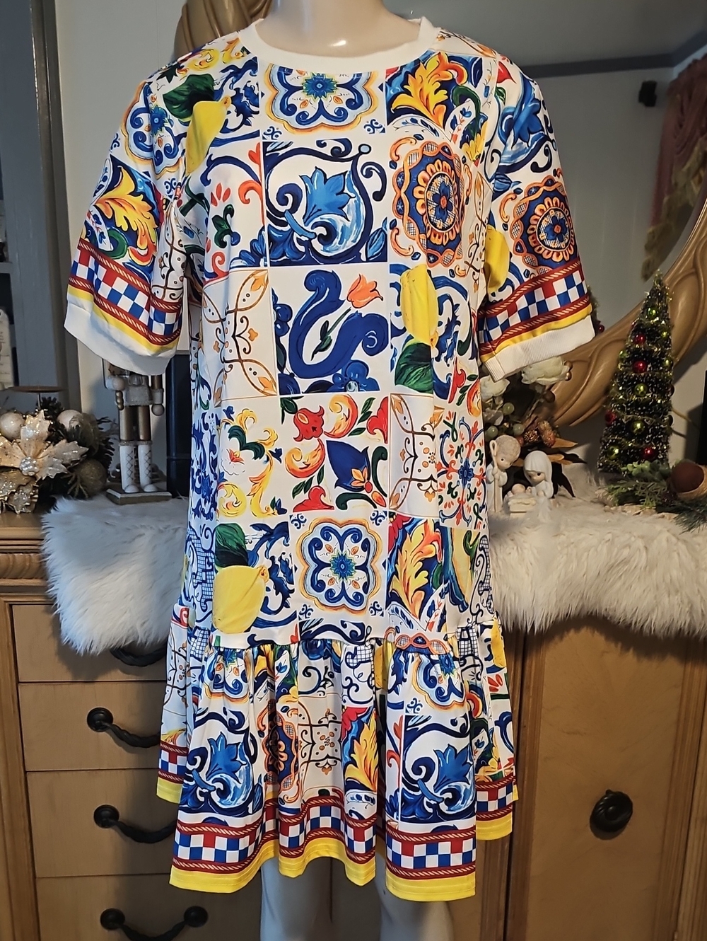 Womens Blue & Yellow Tile-Print Drop-Waist Dress One Size Fits Med To Lrg